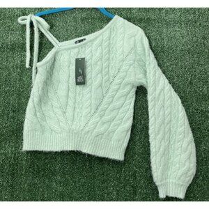 Wild Fable Women’s Cable Knit Sweater Mint Green One Shoulder Tie Size Small NWT